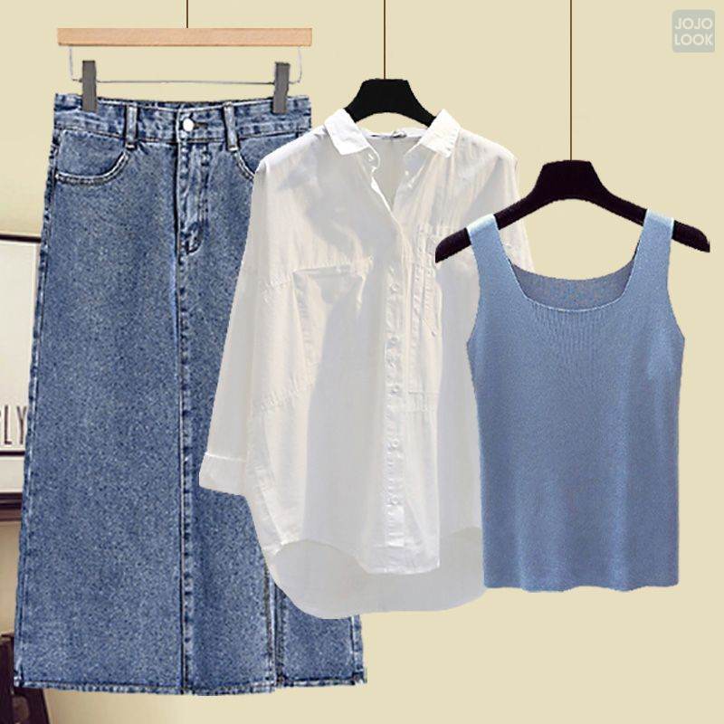 ブルー/キャミソール+ホワイト/シャツ+ブルー/スカート