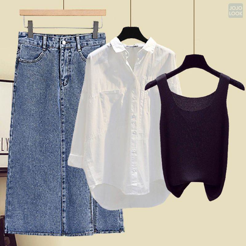 ブラック/キャミソール+ホワイト/シャツ+ブルー/スカート
