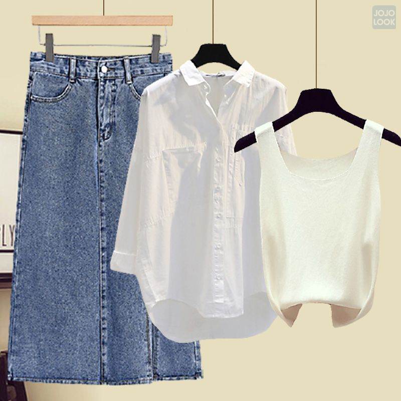 ホワイト/キャミソール+ホワイト/シャツ+ブルー/スカート