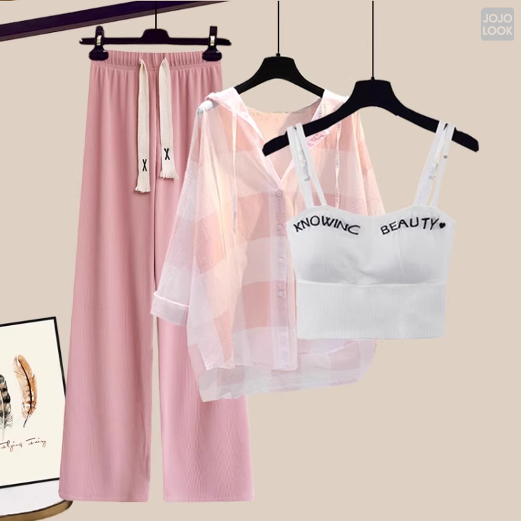 ホワイト/キャミソール+ピンク/シャツ+ピンク/パンツ