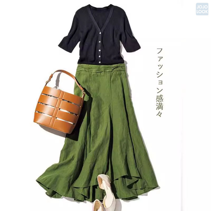 ブラック/トップス+グリーン/スカート