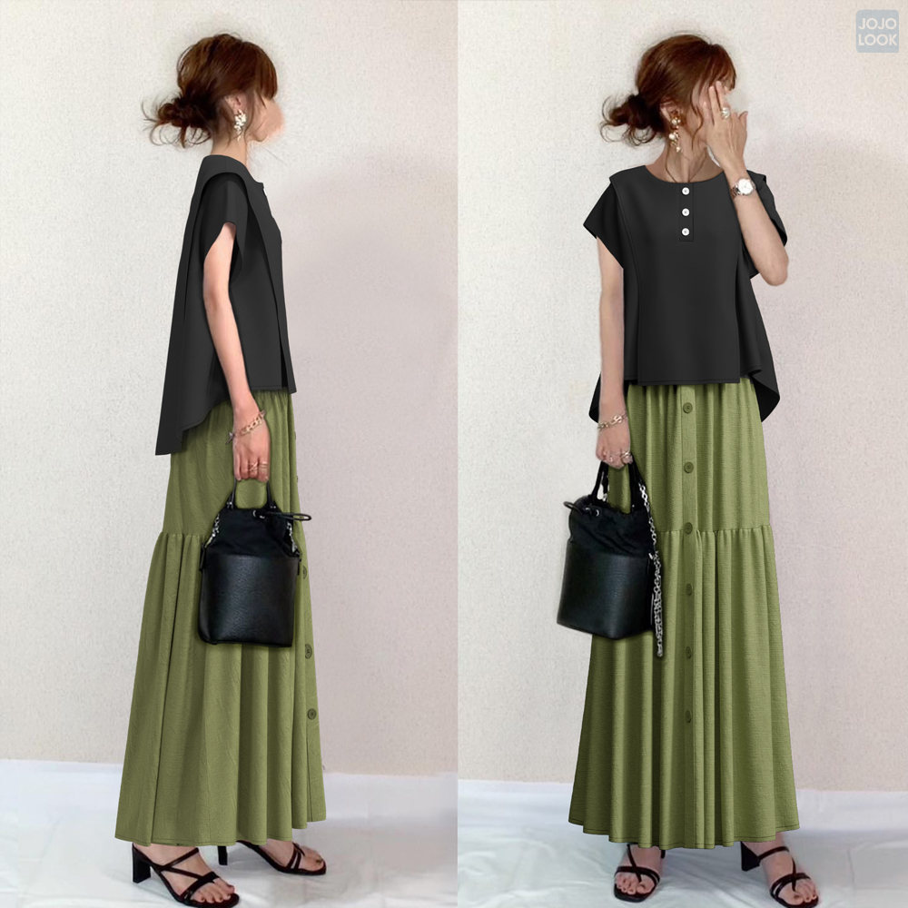 ブラック／トップス＋グリーン／スカート